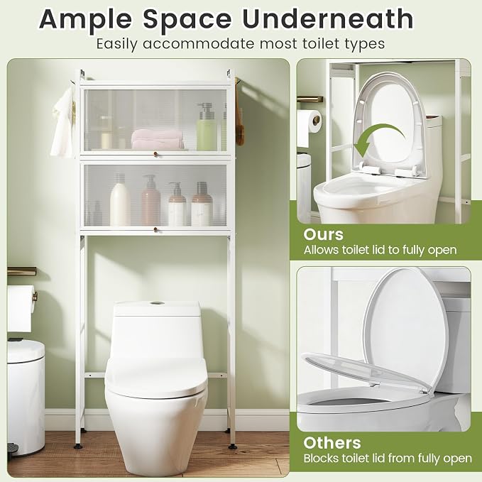 BECOMFORT Over The Toilet Storage Cabinet, Above Toilet Bathroom Shelf with Flip-up PC Doors, Metal Stand & 4 Hooks, Freestanding Space Saver, Over Toilet Bathroom Organizer for Laundry Room (White)