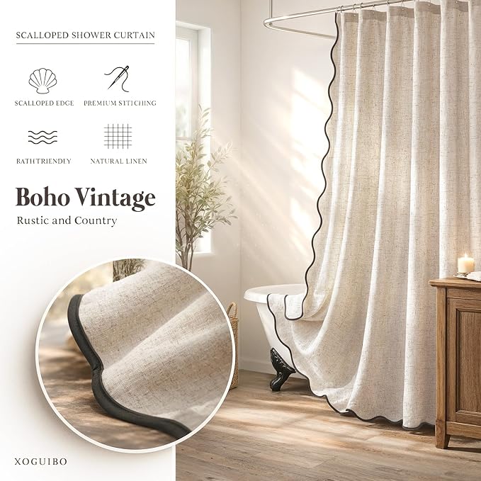 Scalloped Shower Curtain Linen Boho Beige 72" W x 78" L | Linen Fabric, Black Border, Washable, Heavy Duty Cloth, Shower Curtain for Boho Farmhouse Bathroom Bathtub