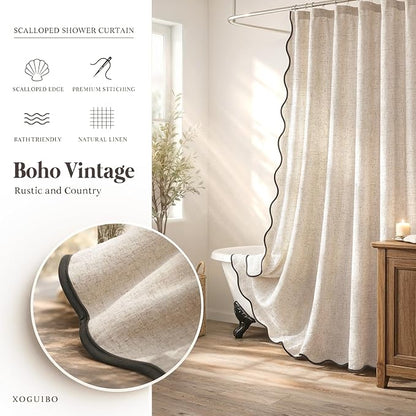 Scalloped Shower Curtain Linen Boho Beige 72" W x 78" L | Linen Fabric, Black Border, Washable, Heavy Duty Cloth, Shower Curtain for Boho Farmhouse Bathroom Bathtub