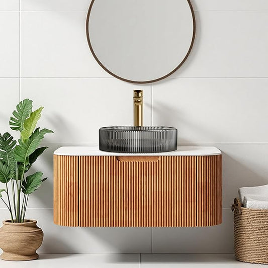 30" Floating Bathroom Vanity with Sink, Modern Bathroom Cabinet with Transparent Black Glass Basin and Ultra-Thin Marble Top, Extra Large Storage Drawer, Soft-Close Design, Nature Wood