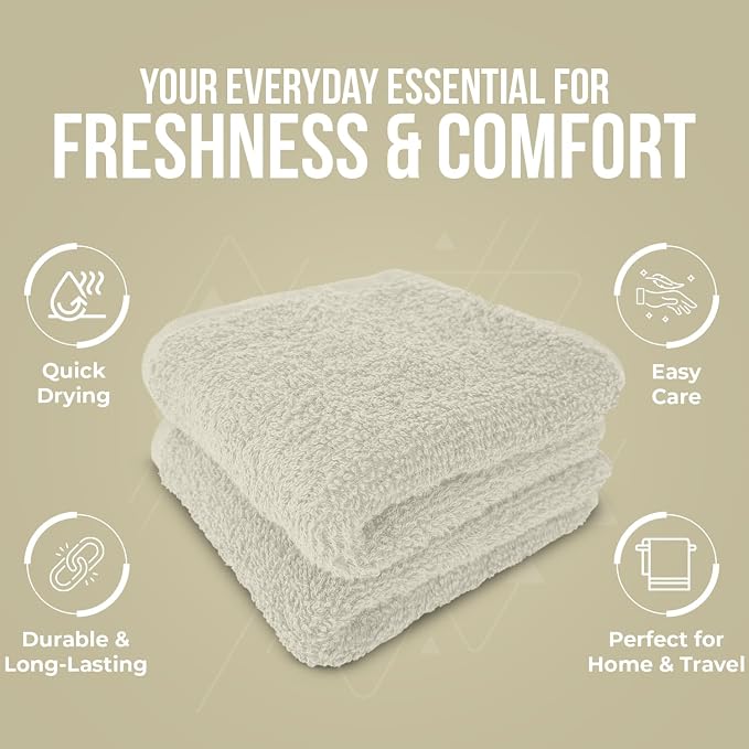 DAN RIVER 24 Pack Cotton Wash Cloths Set for Showering [12x12] Ivory | Lighter Weight, Quick to Dry, Super Soft & Absorbent Face Towels, Hotel Quality, Perfect for Bathroom, Gym, Spa