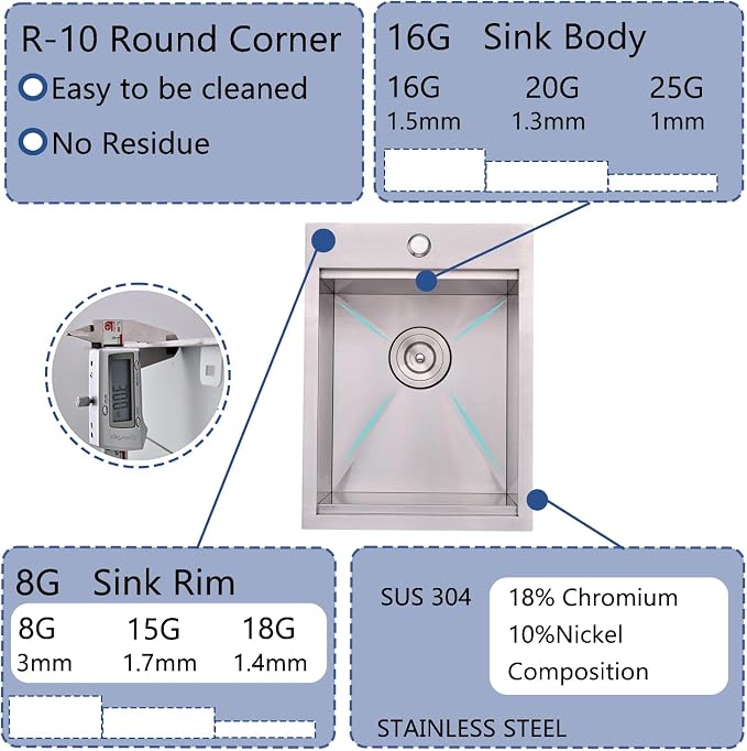 Bar Sink Drop In, 15 x 20 Inch Kitchen Sink, Stainless Steel Square Small Topmount Workstation Sinks, Single Bowl Kitchen Sinks for Office Laundry Wet Bar Prep RV Outdoor Yard
