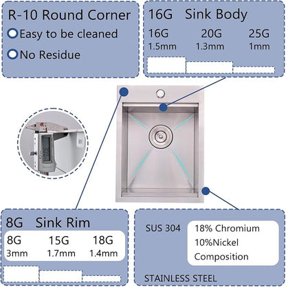 Bar Sink Drop In, 15 x 20 Inch Kitchen Sink, Stainless Steel Square Small Topmount Workstation Sinks, Single Bowl Kitchen Sinks for Office Laundry Wet Bar Prep RV Outdoor Yard