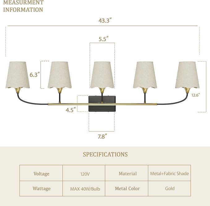 Morauroral Bathroom Light Fixtures Over Mirror, 5 Light Vanity Light for Bathroom, Black Gold Vanity Light Fixtures with Fabric Linen Shade, E26 Socket Sconce Wall Decor(ETL Listed)