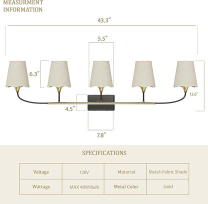 Morauroral Bathroom Light Fixtures Over Mirror, 5 Light Vanity Light for Bathroom, Black Gold Vanity Light Fixtures with Fabric Linen Shade, E26 Socket Sconce Wall Decor(ETL Listed)
