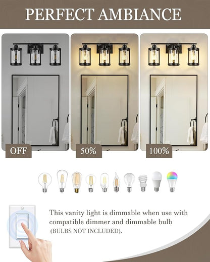 3-Light Black Bathroom Light Fixtures, 21 Inch Modern Bathroom Vanity Lighting Fixtures Over Mirror with Clear Glass and Metal Cage Wall Sconce Lights for Bath, E26, OS-3014BK-3W