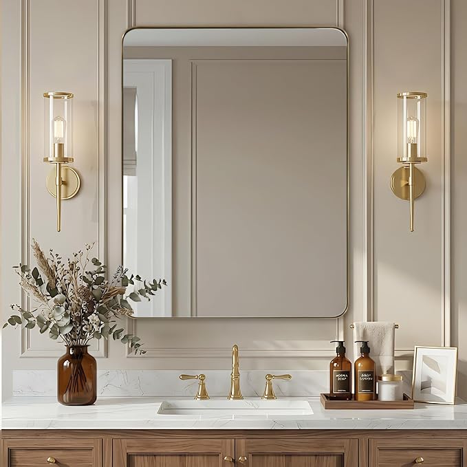 Gold Bathroom Mirrors for Over Sink, 28x36 Inch Brushed Brass Wall Mirror, Rectangular Metal Framed Vanity Mirror -Modern Clean Design with Superior Stainless Steel Frame
