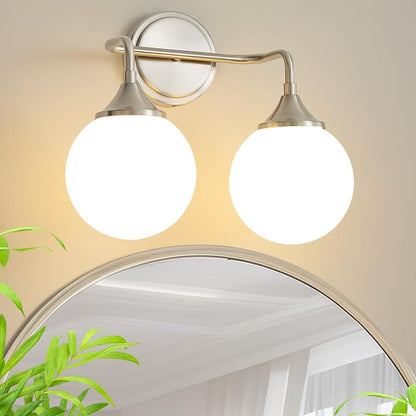 Brushed Nickel Bathroom Light Fixtures Over Mirror Vanity 2-Light | Mid Century Modern Brushed Nicke Wall Sconce with Milky White Glass Ball Shades for for Bathroom Dressing Table Bedroom