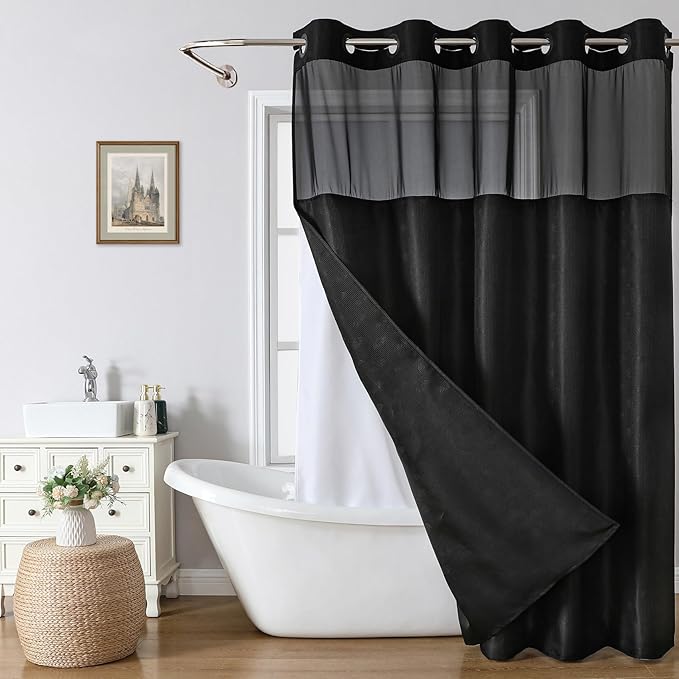 eachope Extra Long No Hook Shower Curtain with Snap-in Liner,71x86,Black | Boho Arch Textured,230GSM Thick Fabric,Sheer Window,Magnetic Weighted Hem,Waterproof & Machine Washable,for Bathroom,Hotel