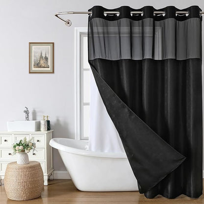 eachope Extra Long No Hook Shower Curtain with Snap-in Liner,71x86,Black | Boho Arch Textured,230GSM Thick Fabric,Sheer Window,Magnetic Weighted Hem,Waterproof & Machine Washable,for Bathroom,Hotel