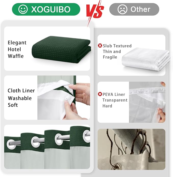 No Hook Shower Curtain and Liner Set,Dark Green Hotel Waffle Shower Curtain with Liner 75" L x 72" W
