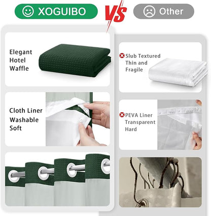 No Hook Shower Curtain and Liner Set,Dark Green Hotel Waffle Shower Curtain with Liner 75" L x 72" W