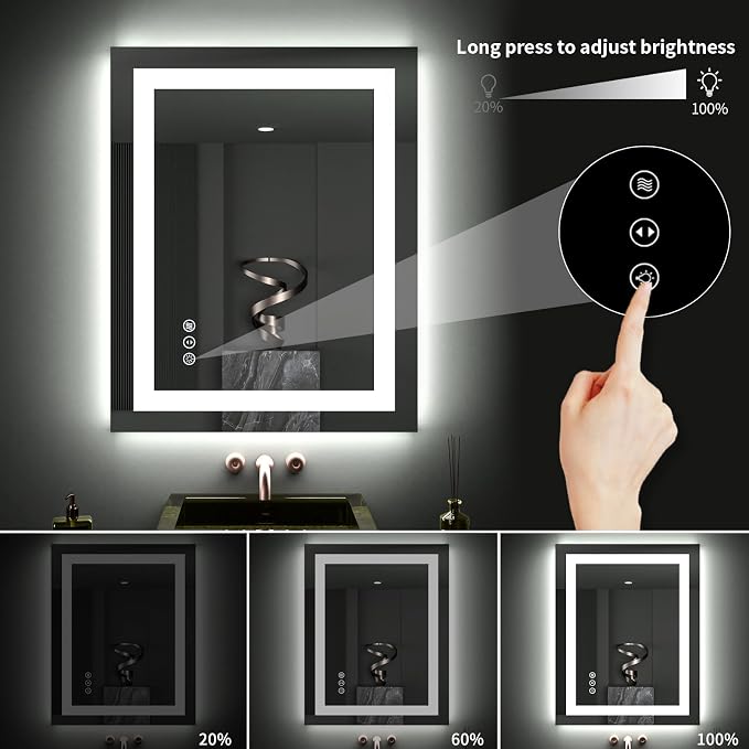 LOAAO 24"X30" LED Bathroom Mirror with Lights, UL Listed | Anti-Fog, Dimmable, 3 Color Temperature, Backlit + Front Lit, Memory Function, Tempered Glass