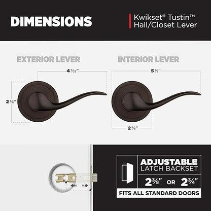 Kwikset Tustin Interior Passage Door Handle, Lever For Closet and Hallway Doors, Reversible Non-Locking Handle Lever, Venetian Bronze, with Microban Protection