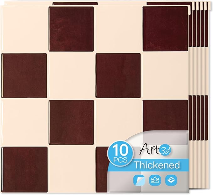 Art3d Grid Peel and Stick Backsplash, 10-Pack, Red Brown and Warm White | 12 x 12 Inch, Enhanced Thickness, Superior Adhesion, Moisture Resistant, Long-Lasting, Minimalist Look, for Kitchen Decor