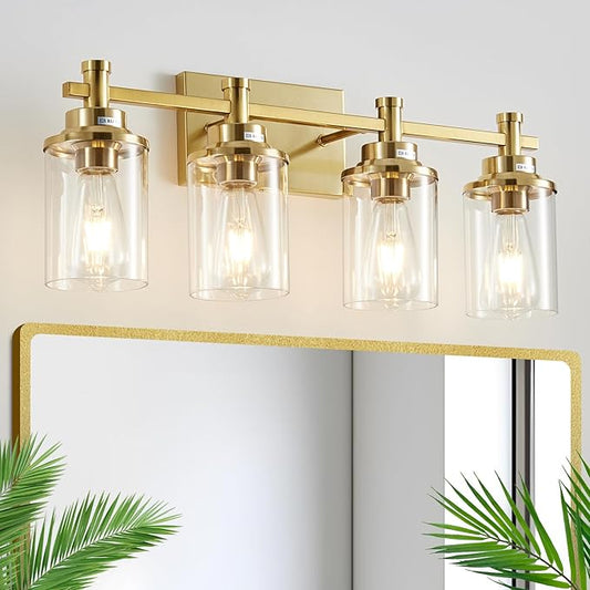 4 Light Brushed Brass Vanity Light Over Mirror, Gold Bathroom Fixtures, Vintage Wall Sconce With Clear Glass Shade, Brushed Gold Lights for Bathroom