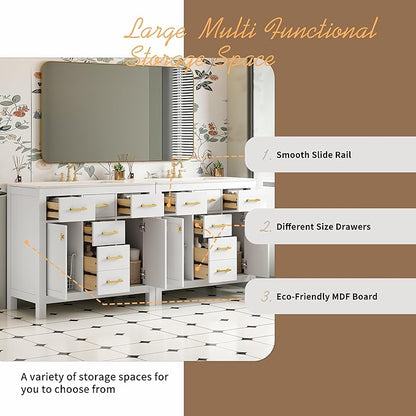 72 Inch White Bathroom Vanity with Double Sink,Modern Double Sink Vanity with 8 Drawers & 4 Cabinets,Soft Closing Doors with Gold Handles,Solid Wood Frame,Grid Front(2 * 36 Inch)