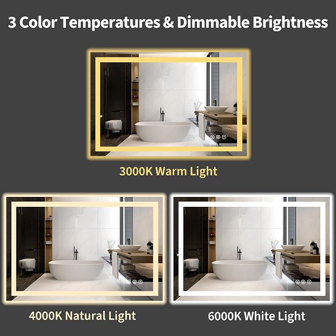 Koonmi 40x30 LED Bathroom Mirror, Shatterproof Mirror with Light | 90CRI Vanity Mirror with Anti-fog Backlit + Front Lit, 3 Color, Easy Install for Bathroom Hotel (IP65)