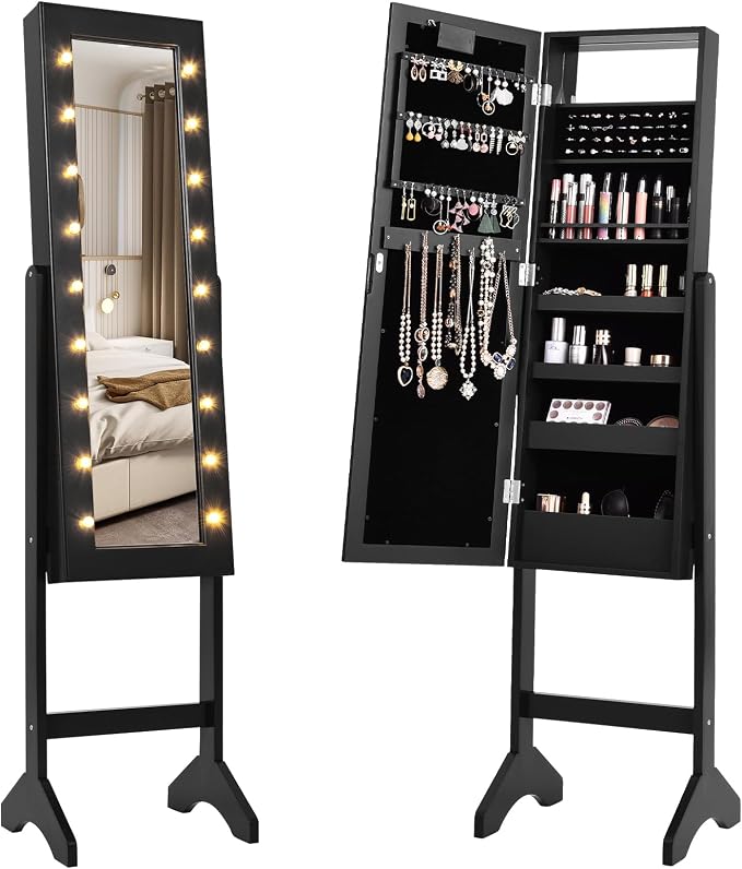 Moccha 18 LEDs Standing Jewelry Armoire, Large Lockable Jewelry Organizer, Mirrored Jewelry Cabinet with Full Length Mirror, 1 Inside Makeup Mirror, 4 Storage Shelves, 16 Lipstick Holders, Black