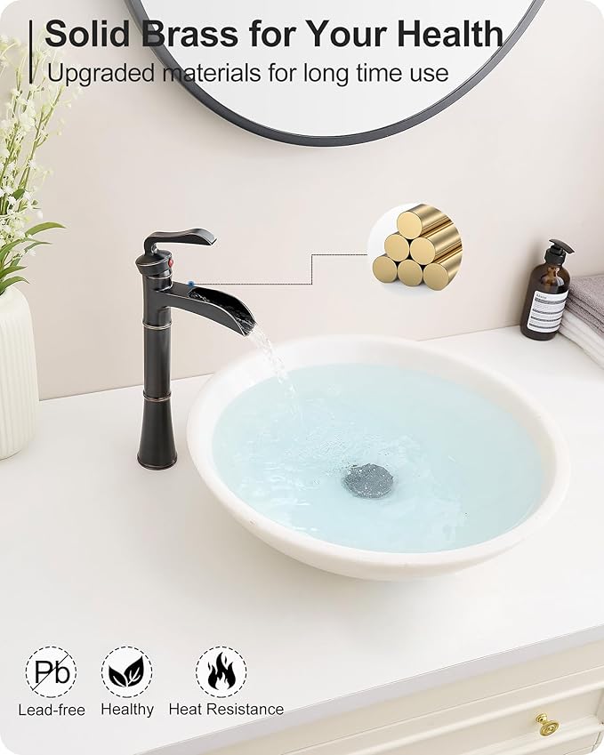 Tall Vessel Sink Faucet, Oil Rubbed Bronze Bathroom Faucet Waterfall Bathroom Faucets One Hole, Brass Bathroom Sink Faucet Single Handle with Pop-Up Drain & Water Hoses, 5 Mins Install