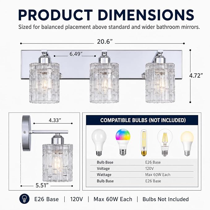 3-Light Crystal Vanity Light for Bathroom, Chrome Over Mirror Light Fixture, Modern Wall Mount for Living Room, Bedroom, Hallway