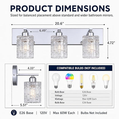 3-Light Crystal Vanity Light for Bathroom, Chrome Over Mirror Light Fixture, Modern Wall Mount for Living Room, Bedroom, Hallway