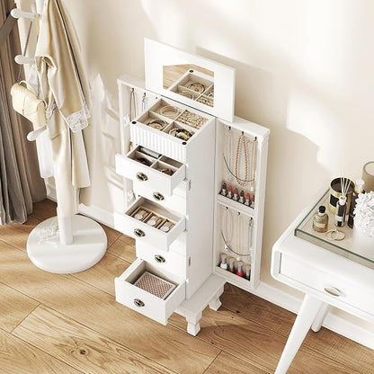 DREAMADE Jewelry Armoire, Standing Jewelry Box w/Mirror & 7 Drawers, White | Flip Top Organizer with 2 Side Doors and Anti-Toppling Device, Large Jewelry Cabinet Storage for Bedroom