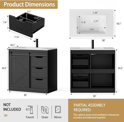 SUNTAGE Bathroom Vanity with Sink, Freestanding Farmhouse Bathroom Storage Cabinet with 3 Drawers & Sliding Door, White Resin Basin Vanity Combo Set (Wood Grain Black, 30")