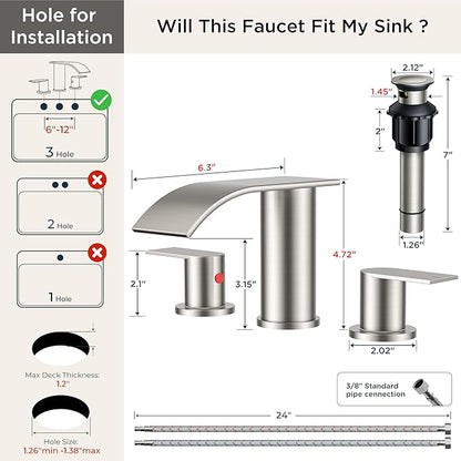 FORIOUS Upgrade Bathroom Faucets 3 Hole Brushed Nickel, Waterfall 8 Inch Widespread Bathroom Sink Faucet with Pop-up Drain and Supply Lines, Two Handles for Vanity, Farmhouse, School Restroom Sink