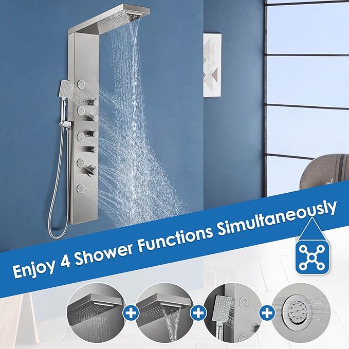 ROVOGO Shower Panel Tower with Rainfall Waterfall Shower Head, 5 Body Jets and 3-Function Handheld, High Pressure Rain Massage System, Wall-Mount Shower Column, 304 Stainless Steel Brushed