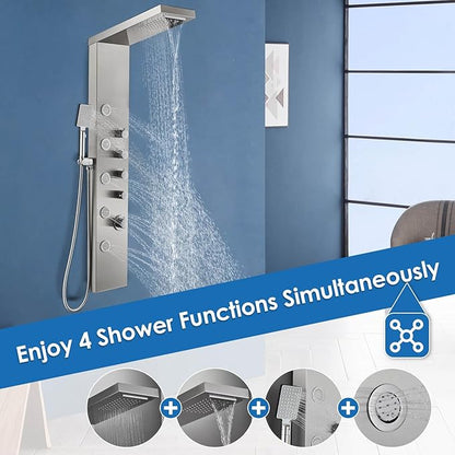 ROVOGO Shower Panel Tower with Rainfall Waterfall Shower Head, 5 Body Jets and 3-Function Handheld, High Pressure Rain Massage System, Wall-Mount Shower Column, 304 Stainless Steel Brushed