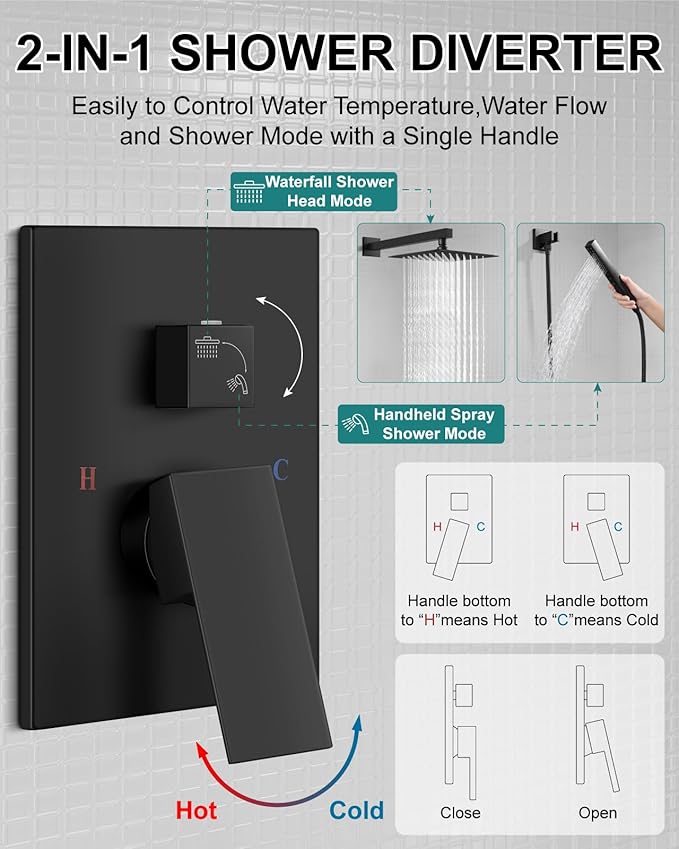 Shower Faucet Set Rainfall Shower System with Square Showerhead and Handle Set Fixture with 2 in 1 Function Handheld Sprayer Wall Mounted Trim Repair Kit Rough-in Valve 10 Inch Matte Black
