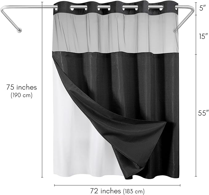 Americanflat 72x75 Hookless Waffle Pattern Shower Curtain - Water-Resistant Long Shower Curtain with Sheer Panel, Snap-in Liner, and Durable Grommets - 100% Polyester - Black