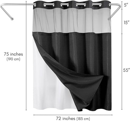 Americanflat 72x75 Hookless Waffle Pattern Shower Curtain - Water-Resistant Long Shower Curtain with Sheer Panel, Snap-in Liner, and Durable Grommets - 100% Polyester - Black
