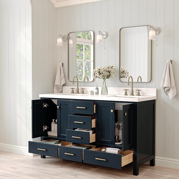 ARIEL Cambridge 60-inch Bathroom Vanity with Sink,Solid Wood, 1.5-inch Pure White Quartz Countertop, Double Rectangular Porcelain Sink, 4 Soft Closing Doors, 6 Dovetail Drawers, Midnight Blue