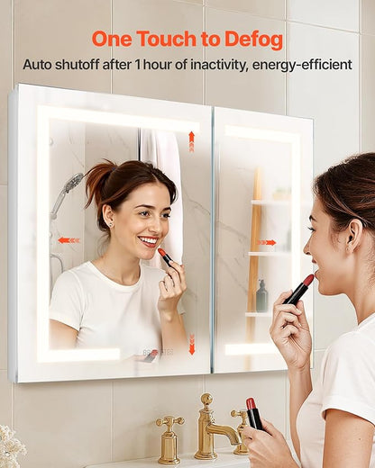 VEVOR Lighted Medicine Cabinet with Mirror, 36 x 30 in Recessed or Wall Mount, 3 Color Dimmable LED Bathroom Medicine Cabinet with HD Mirror, Clock, Adjustable Shelve Storage, Memory Defog Function