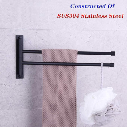 GERZWY Bathroom Swing Arm Towel Bars 2-Arm Wall Mount Stainless Steel Bath Towel Rack Hanger Towel Holder Organizer Matte Black HYG02-BK