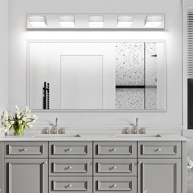 LED Modern Bathroom Vanity Light Fixtures (5-Light, 40-Inch), Chrome Modern Bathroom Wall Lighting Fixtures Over Mirror (Cool White 6000K)
