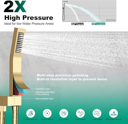 Push Button Diverter Shower Faucet Set Hydro Power Temperature Display, Shower System 10 Inch Shower Head with Handheld Spray, Wall Mounted Shower Fixtures with Valve and Trim Kit, Brushed Gold