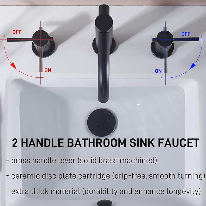 Black Bathroom Faucet 3-Hole, 2-Handle 8 Inch Widespread Matte Black Bathroom Sink Faucet with 360° Swivel Crossing Spout, with Metal Overflow Drain & cUPC Waterline