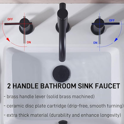 Black Bathroom Faucet 3-Hole, 2-Handle 8 Inch Widespread Matte Black Bathroom Sink Faucet with 360° Swivel Crossing Spout, with Metal Overflow Drain & cUPC Waterline