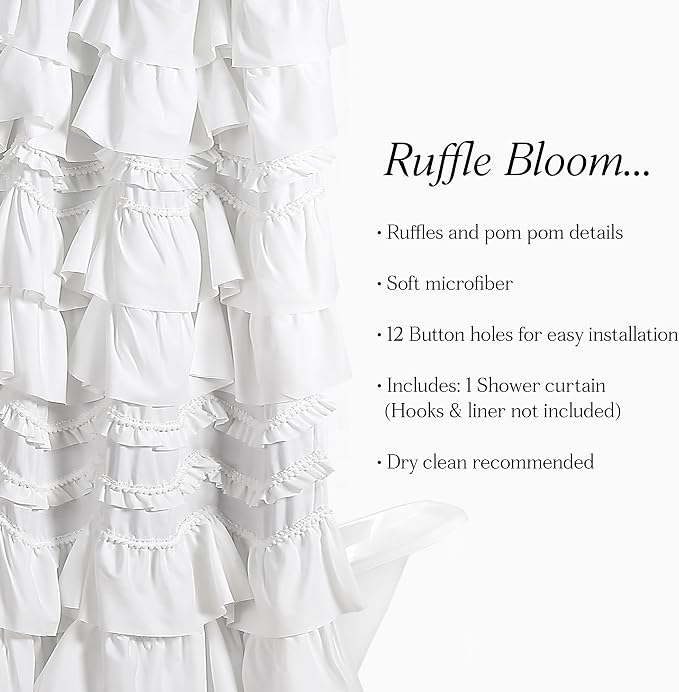 Lush Decor Kemmy Ruffled Shower Curtain, Single, 72" W x 72" L, White - Bathroom Curtain - Fabric Shower Curtains for Bathroom - Coquette Decor