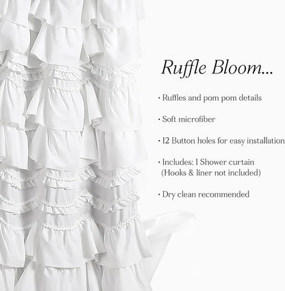 Lush Decor Kemmy Ruffled Shower Curtain, Single, 72" W x 72" L, White - Bathroom Curtain - Fabric Shower Curtains for Bathroom - Coquette Decor