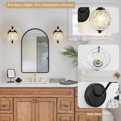 1 Piece Matte Black Wall Sconce, 1-Light Mid Century Farmhouse Style Wall Sconce with Globe Glass Shade, Retro Light for Bathroom, Bedroom, Living Room, Powder Room