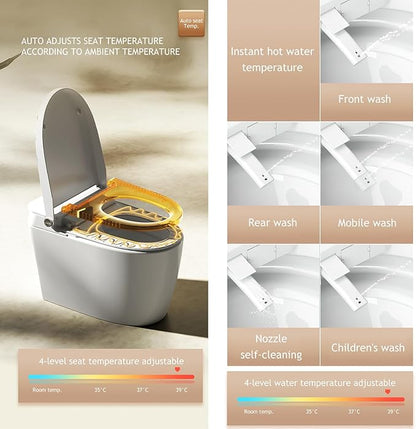 Modern Smart Toilet with Bidet Built In, One Piece Tankless Toilet with Auto Open/Close Lid, Heated Seat, Warm Air Dry, Night Light, Remote Control (Elongated White)