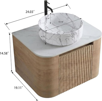 24" Preassembled Floating Bathroom Vanity with Carrara Finish Sink, Oak | Mid-Century Modern Style, Fluted & Soft-Close Drawer with U-shaped Wall, Sinterted Stone Countertop, Towel Rack Included