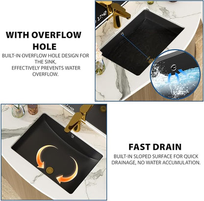 Black Undermount Bathroom Sink 21.1"x15.1"Ceramic Basin | Modern Porcelain Under Counter Bathroom Vanity Sink, Interior Bowl 19.2"x 13.1", Rectangular Undermount Basin with Overflow