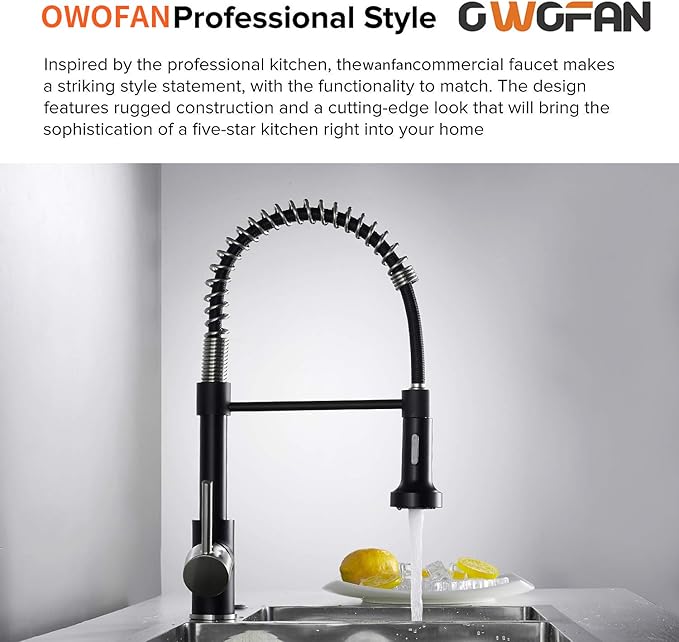 OWOFAN Low Lead Modern Single Handle Pull Down Sprayer Spring Kitchen Faucet, Brass Black&Brushed Nickel Kitchen Sink Faucets