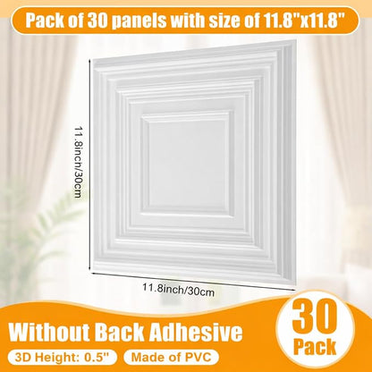 Nuanchu 30 Pcs Drop Ceiling Tiles 12x12 Inch, Glue up PVC Wall Panels,White | Cuttable, Paintable, DIY, Waterproof, 3D Decorative Ceiling Panels for Bathroom Kitchen TV Background Living Room