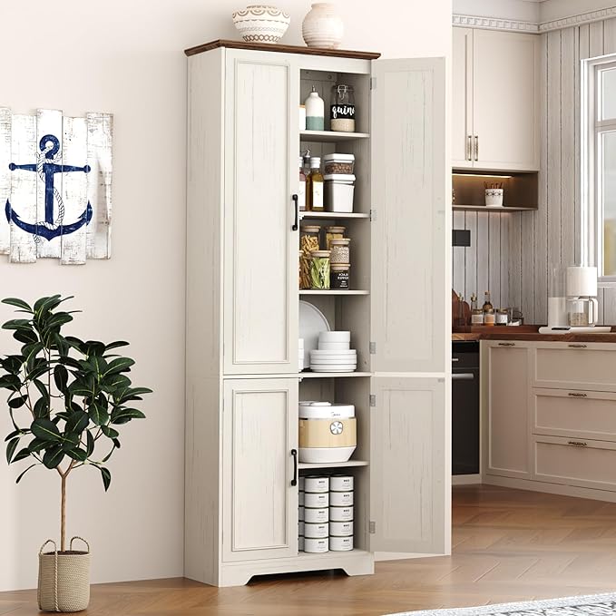 Function Home 72" Kitchen Pantry Cabinet, Tall Wood Farmhouse Storage Cabinet with Doors and Adjustable Shelves, 6 Tier Freestanding Cupboard for Kitchen Dining Living Room Bathroom, Antique White